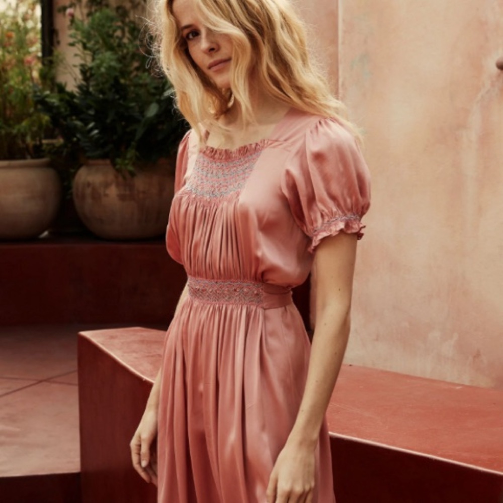 ✨🌸🍧DÔEN ‘Castalia’ Silk Embroidered Smocked Maxi Dress Sunset Pink XS✨ - Picture 1 of 17